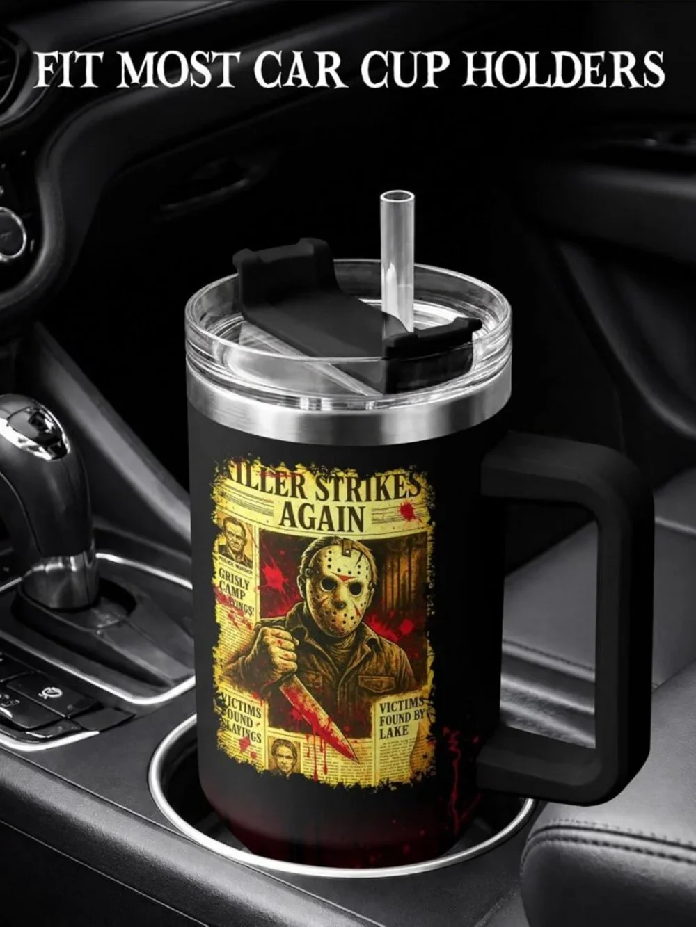 Retro Horror 40 oz Tumbler with Handle - Scary Halloween Drinkware Gift